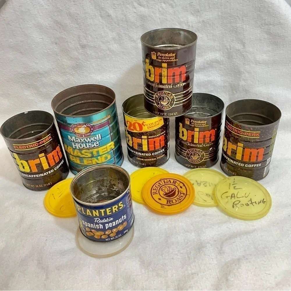 Vintage coffee cans from the 70s Brim, Maxwell House, Planters Peanuts 7 pieces